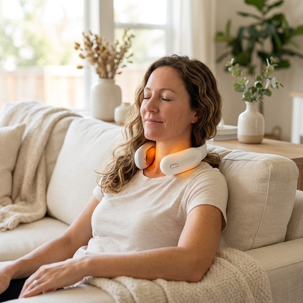 Woman relaxing on her couch wearing the Knotvana neck massager
