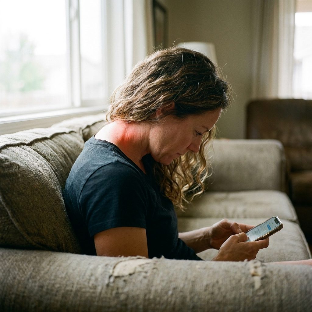Woman hunched over her phone with neck strain